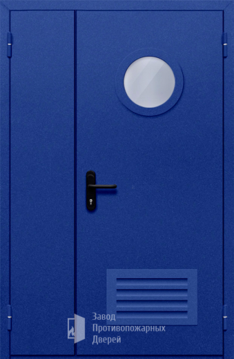 Фото двери «Полуторная с круглым стеклом и решеткой (синяя)» в Зеленограду