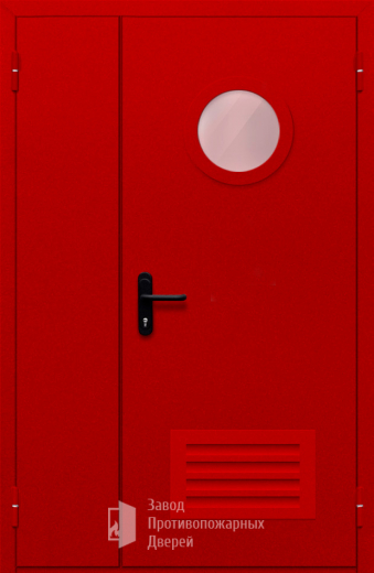 Фото двери «Полуторная с круглым стеклом и решеткой (красная)» в Зеленограду